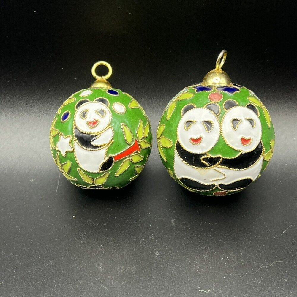Cloisonne Panda Bamboo Round Ornaments 2” Raise‎ Metal Enamel Green Set of 2